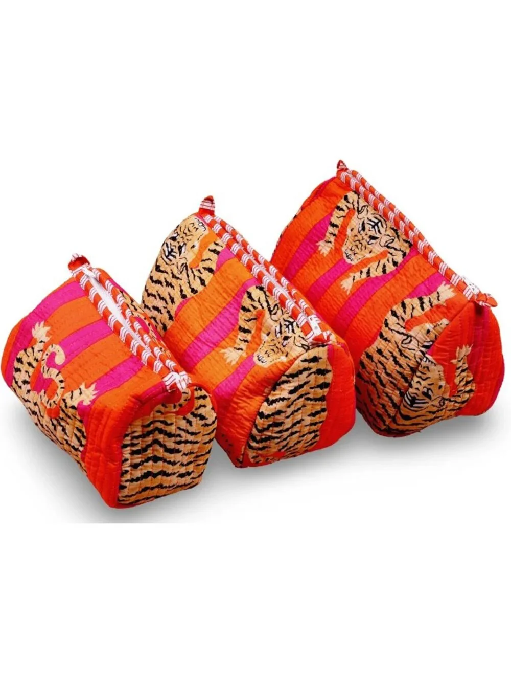 3pcs Quilted Cotton Tiger Print Travel Toiletry & Makeup Organizer Set